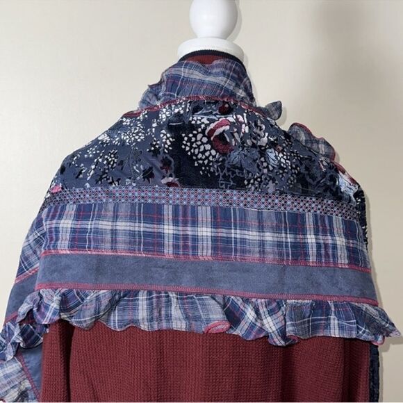 BONITA Navy Burgundy Gray Plaid Velour Floral Patchwork Ruffle Scarf Wrap - Picture 4 of 10